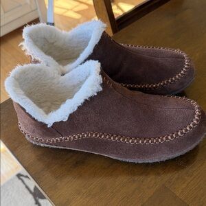 Sorel Brown Suede Slip-On Moccasin with Cream Faux-Fur Lining